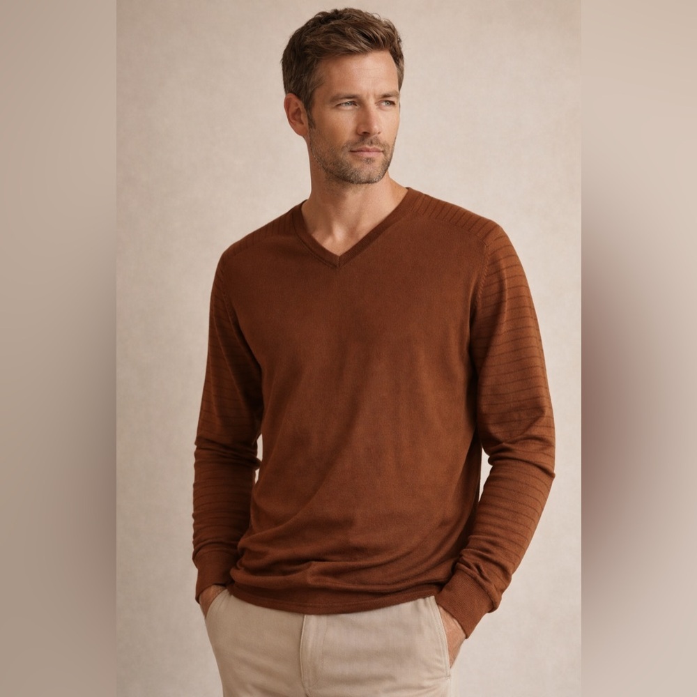Malo Brown V-Neck Shirt with Long Sleeve stripped  Detailing